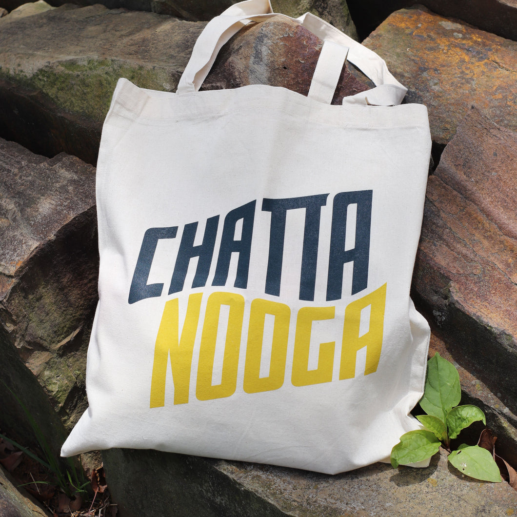 Chattanooga Canvas Tote Bag on Tennessee River rocks